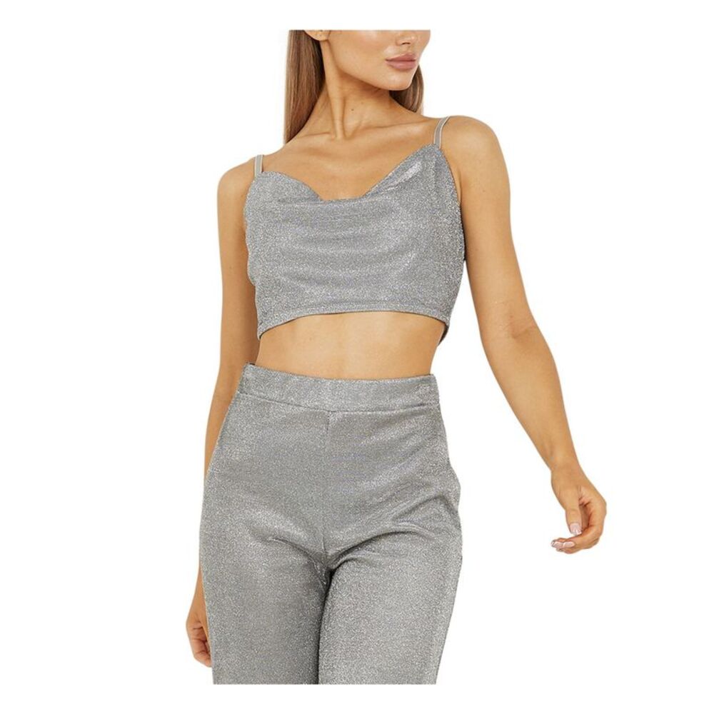 QUIZ Womens Silver Glitter Metallic Spaghetti Strap Cowl Neck Party Crop Top 8